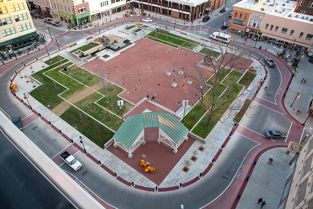 aerial photo of park central square: a road surrounding an open square