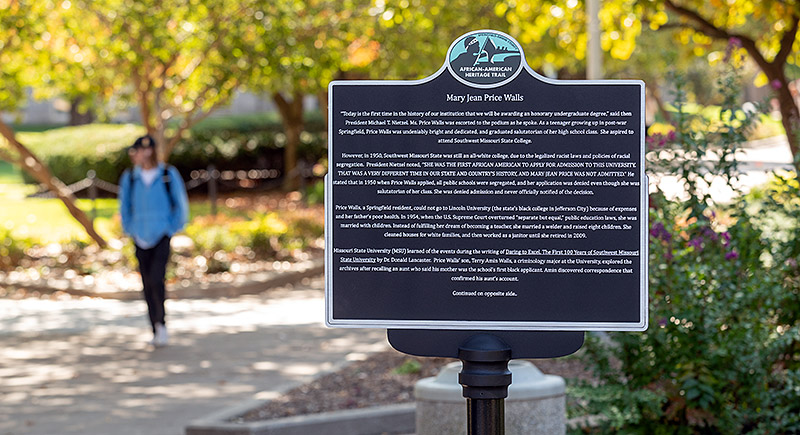 trail marker on the missouri state university campus honoring mary jean price walls